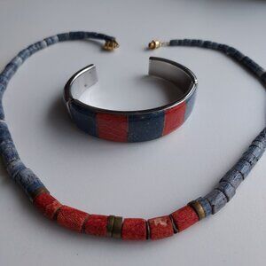Vintage 1980s Blue & Red Beaded Necklace & Matching Bracelet